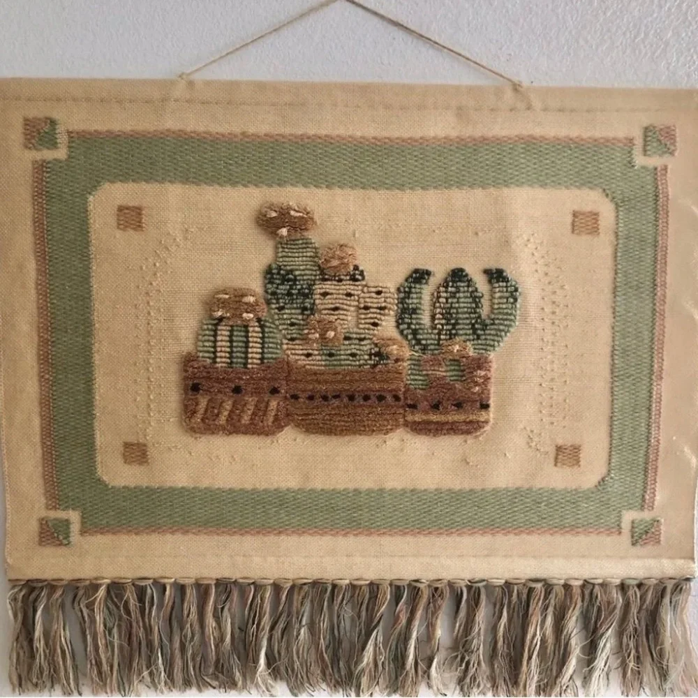 VTG. 1987 HandWoven Fiber Art BOHO Cactus Tapestry 49” RARE Wallhanging NEW